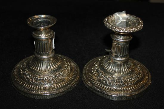 Pair George IV silver dwarf candlesticks by John & Thomas Settle, weighted.(-)